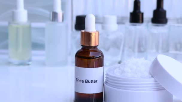 Masło Shea Butelce Składnik Chemiczny Produktu Kosmetycznego Produkty Pielęgnacji Skóry — Wideo stockowe