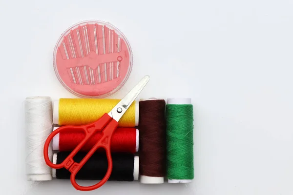 Equipment Sewing Threads White Background Colored Yarn Used Clothing Industry — Stock Photo, Image