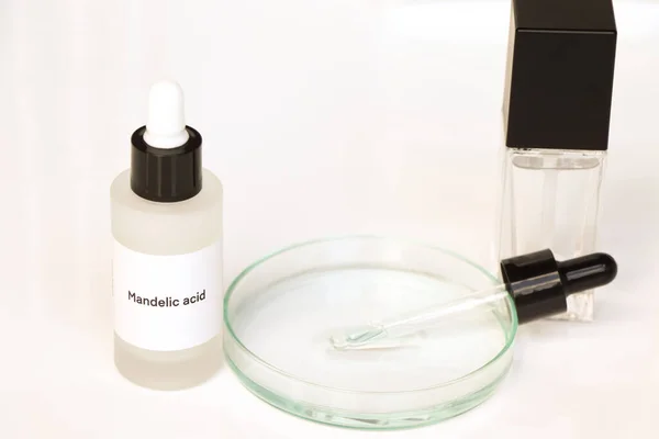 Mandelic acid in a bottle, chemical ingredient in beauty product, skin care products