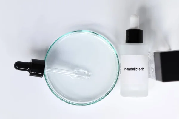 Mandelic acid in a bottle, chemical ingredient in beauty product, skin care products