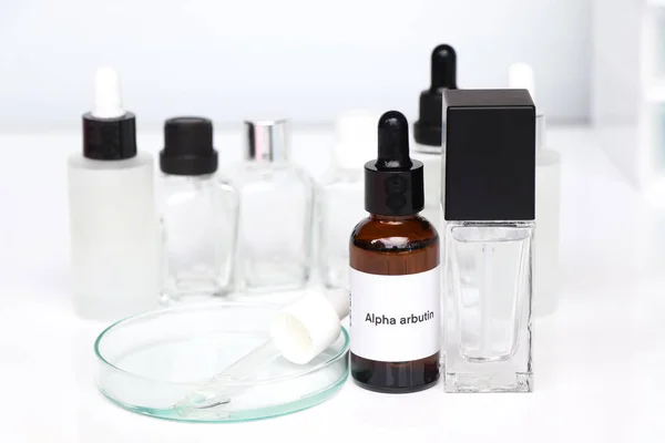 Alpha arbutin in a bottle, chemical ingredient in beauty product, skin care products