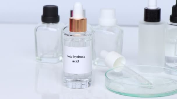 Beta Hydroxysäure Der Flasche Chemische Zutat Schönheitsprodukten Hautpflegeprodukten — Stockvideo