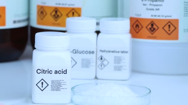 Acido Citrico Bottiglia Prodotto Chimico Laboratorio Nell Industria Sostanze Chimiche — Video Stock