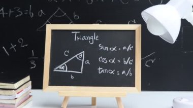 Blackboard with hand written geometry area formulas and geometric shapes and figures