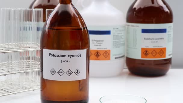 Potassium Cyanide Bottle Chemical Laboratory Industry Chemical Used Analysis — Wideo stockowe