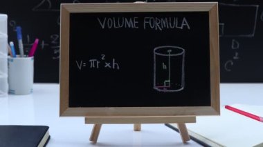 Blackboard with hand written geometry volume formulas and geometric shapes and figures