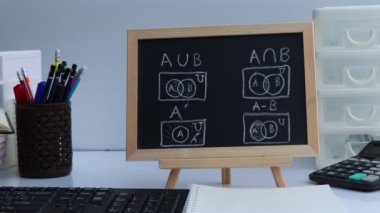 Blackboard with sample basic set hand written and geometric shapes