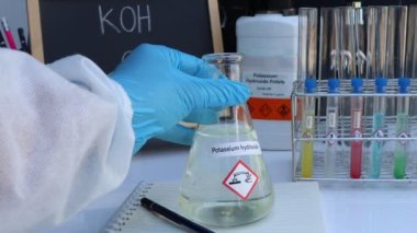 potassium hydroxide and symbol structural formula chemical on the blackboard