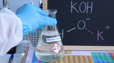 potassium hydroxide and symbol structural formula chemical on the blackboard