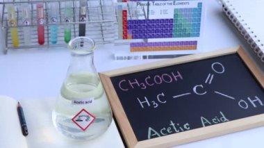 acetic acid and symbol structural formula chemical on the blackboard
