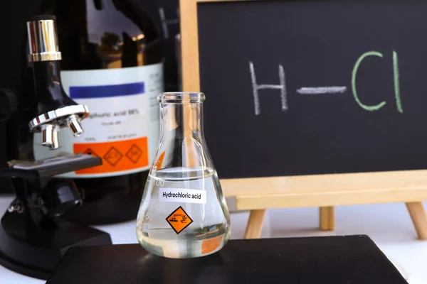 stock image hydrochloric acid and symbol structural formula chemical on the blackboard