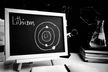 Lithium and symbol structural formula chemical write on the blackboard, Chemistry in the classroom