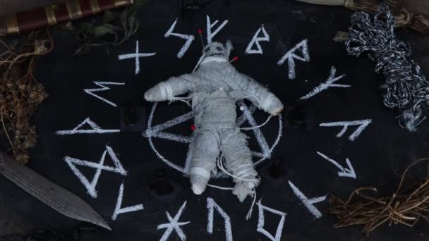 Magic Doll White Occult Symbol Witchcraft Blackboard Photo — Vídeo de stock