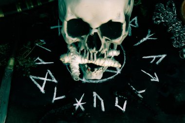 magic doll and White occult symbol on the witchcraft blackboard photo, religion and belief