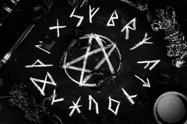 White occult symbol on the witchcraft blackboard photo, religion and belief