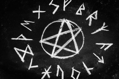 White occult symbol on the witchcraft blackboard photo, religion and belief