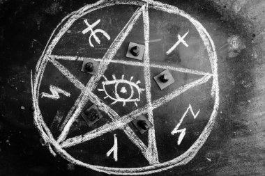 White occult symbol on the witchcraft blackboard photo, religion and belief