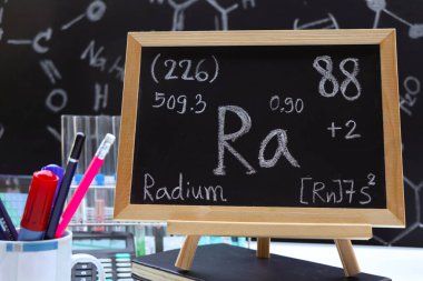 radium and symbol structural formula chemical on the blackboard, Chemistry in the classroom