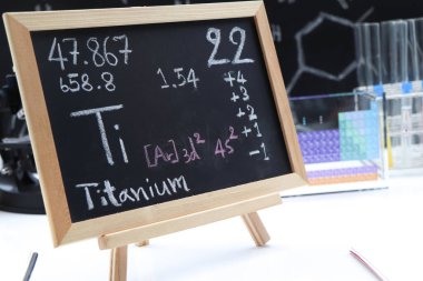 Titanium and symbol structural formula chemical on the blackboard, Chemistry in the classroom