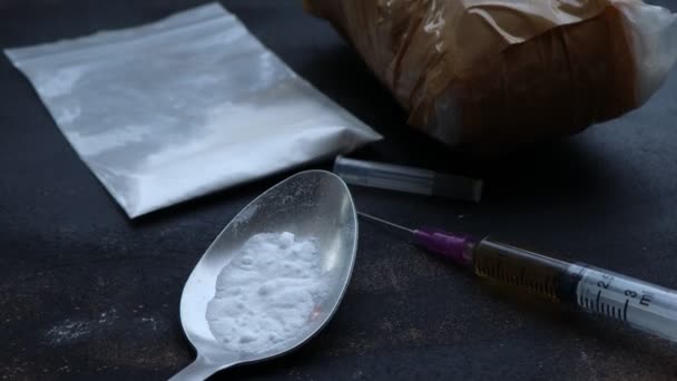 Heroin Liquid Heroin Powder Black Background Concept Narcotic Substance — Stockvideo