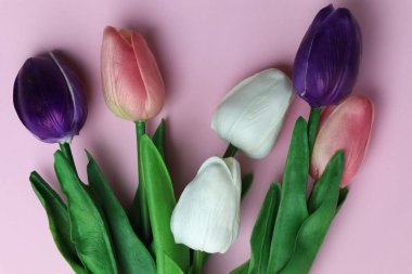 Dekorasyon için plastik çiçek, arka planda çiçekler ve boş alan