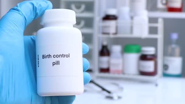 Концепция Противозачаточных Таблеток Белой Бутылке Таблеточном Инвентаре Медицине Аптеке — стоковое видео