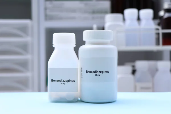 stock image Benzodiazepines pill in white bottle, pill stock, medical or pharmacy concept