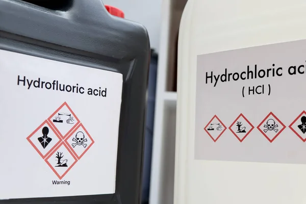 Hydrofluoric acid, Hazardous chemicals and symbols on containers, chemical in industry or laboratory