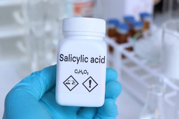 Ácido Salicílico Recipiente Análise Química Laboratório Matérias Primas Químicas Indústria — Fotografia de Stock