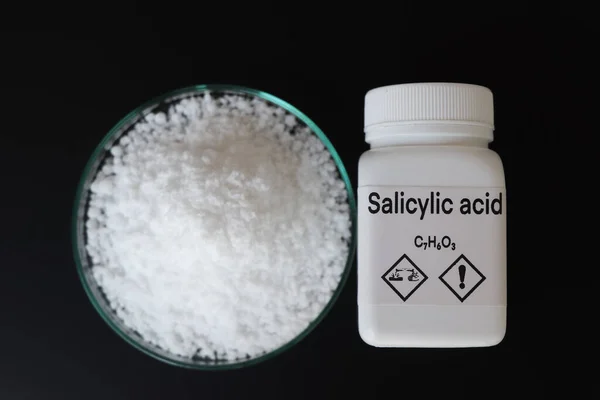 Salicylic acid in container, chemical analysis in laboratory, chemical raw materials in industry
