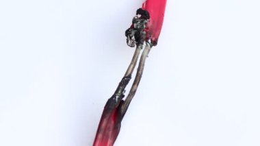 Elektrik kablosu yanmış. Elektrik kaçağı, beyaz arka plan. 