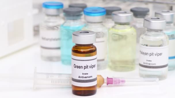 グリーンピットバイパー スネーク抗原 バイアルで 蛇の刺し傷から毒を防ぐために注射のためのセラム 科学実験 — ストック動画