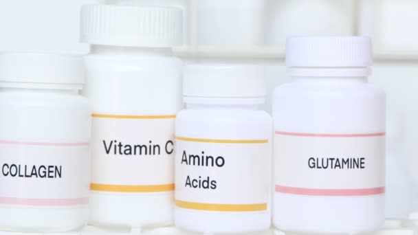Aminozuren Vitamine Collagen Een Fles Voedingssupplementen Voor Gezondheid Gezondheid Beauty — Stockvideo