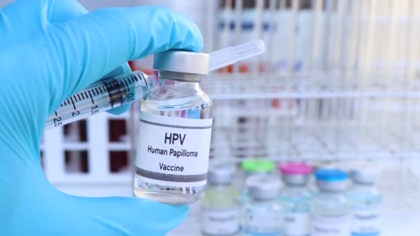 Вакцина Против Впч Флаконе Иммунизация Лечение Инфекции Научный Эксперимент — стоковое видео