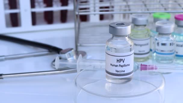 Szczepionka Przeciwko Hpv Fiolce Uodpornianie Leczenie Zakażenia Eksperyment Naukowy — Wideo stockowe