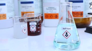 Camdaki kimyasalların sağlık tehlike sembolleri, laboratuvarda veya endüstride kimyasallar