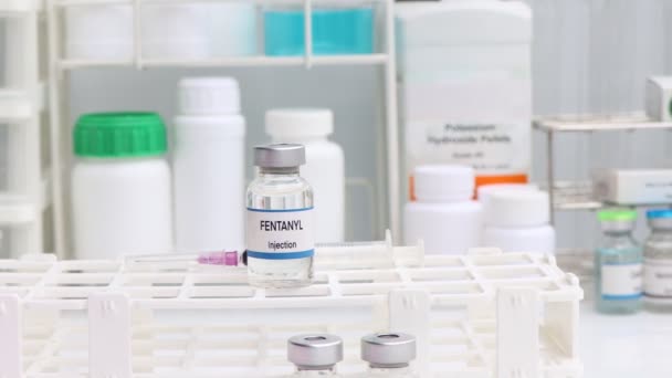 Fentanyl Injektionsflaska Kemikalier Som Används Läkemedel Eller Laboratorium — Stockvideo