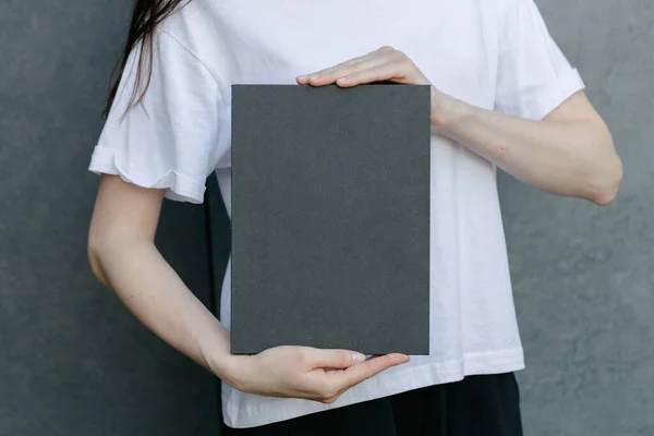 Black Book Cover Woman Hands Book Cover Mock — Stock Photo, Image