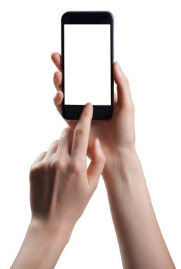 Beyaz arka planda izole edilmiş akıllı bir telefonla fotoğraf çeken bir kadın.
