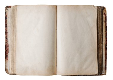 Açılmış eski boş kitap ahşap zemin üzerinde izole edilmiş beyaz arkaplan