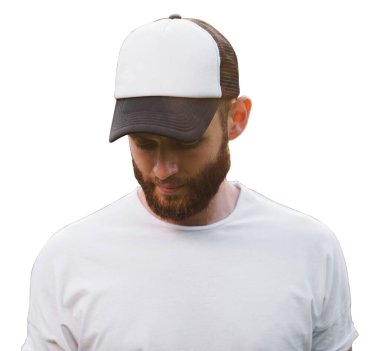 Beyzbol şapkası boş, beyaz arka planda izole edilmiş bir adamın maketi.