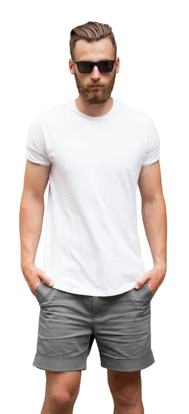 Front View Man Wearing White Blank Shirt Space Your Logo — Stock Photo, Image