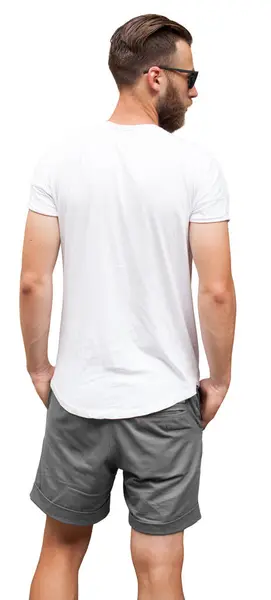 白い空白のTシャツを身に着けている男性のバックビュー あなたのロゴのためのスペースまたは白い背景で隔離された設計 — ストック写真