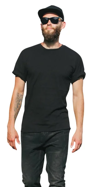 Hipster Pohledný Mužský Model Vousy Sobě Černé Prázdné Tričko Chůze — Stock fotografie