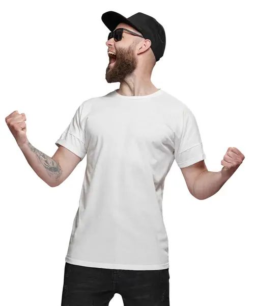 Weißes Leeres Shirt Auf Einem Fröhlichen Schreienden Mann Für Ihr — Stockfoto