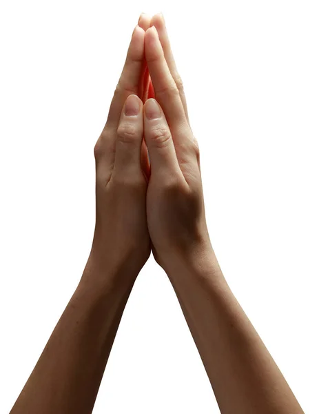 Γυναίκα Χέρια Προσεύχεται Απομονωθεί Λευκό Φόντο — Φωτογραφία Αρχείου
