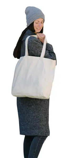 Mulher Segurando Branco Têxtil Tote Eco Bag Onwhite Fundo — Fotografia de Stock