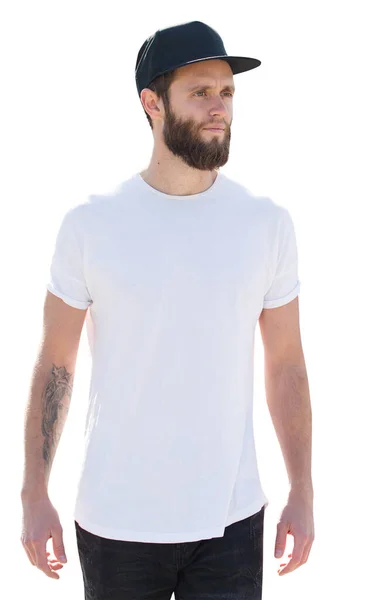Hombre Con Barba Vistiendo Camiseta Blanca Blanco Con Espacio Para —  Fotos de Stock