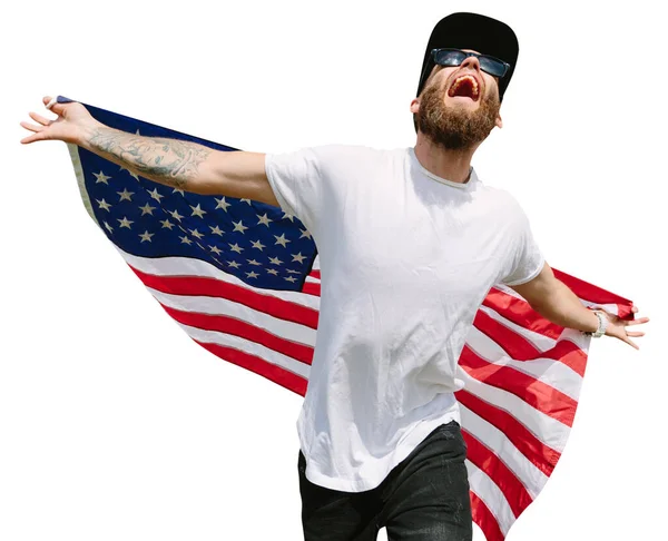Homem Hipster Feliz Segurando Bandeira Americana Dos Eua Fundo Branco — Fotografia de Stock