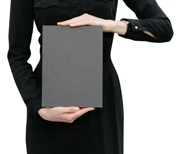 Capa Livro Preto Nas Mãos Mulher Isolado Fundo Branco — Fotografia de Stock